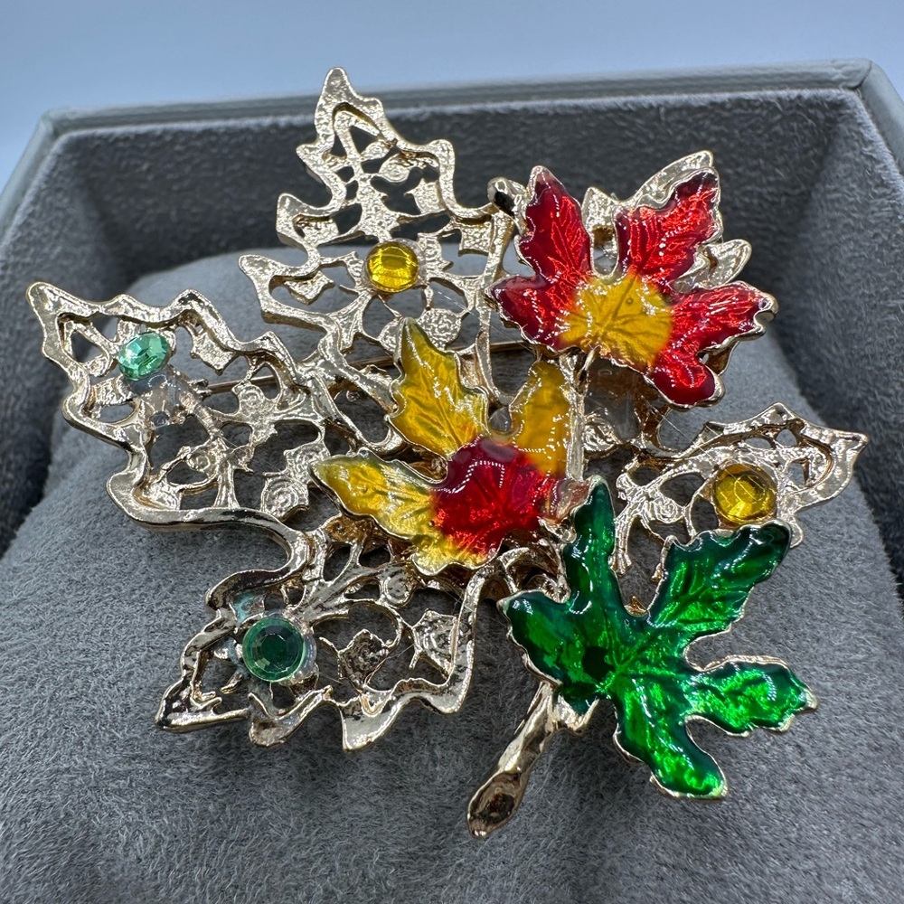 Colorful Gold Tone Leaf Brooch